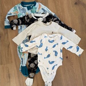 2 Burt’s Bees SOne-Piece Bodysuit and Footed Pajama Set - Blue/Teal/Black